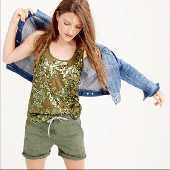 NWT J. Crew Cotton, Olive Green, Iridescent Sequin Tank Top, Scoop Neck, Size 00 - Picture 14 of 14